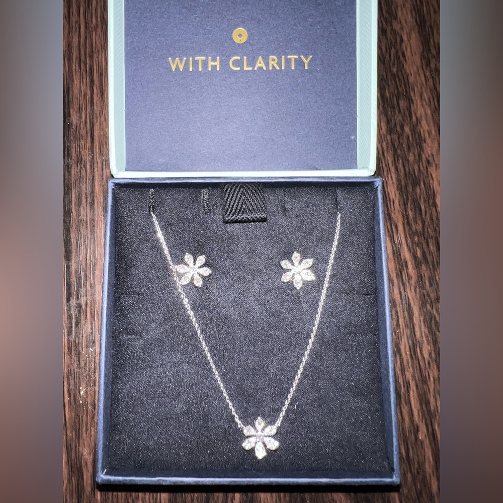 NWT With Clarity Lab Diamond Flower Necklace & Earrings White Gold